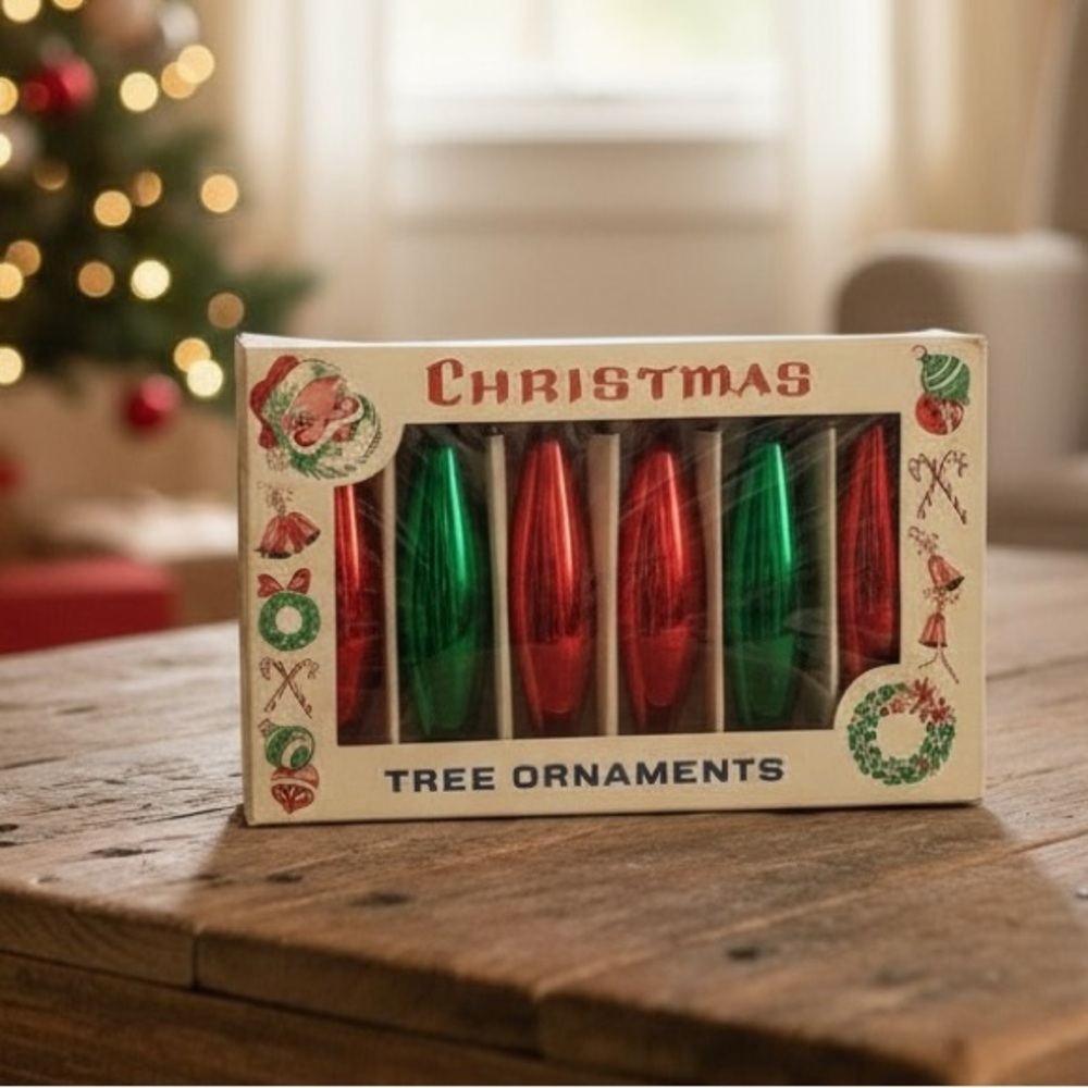 Set of 6 Vintage 50’s Oblong Mercury Glass Christmas Ornaments | Red & Green